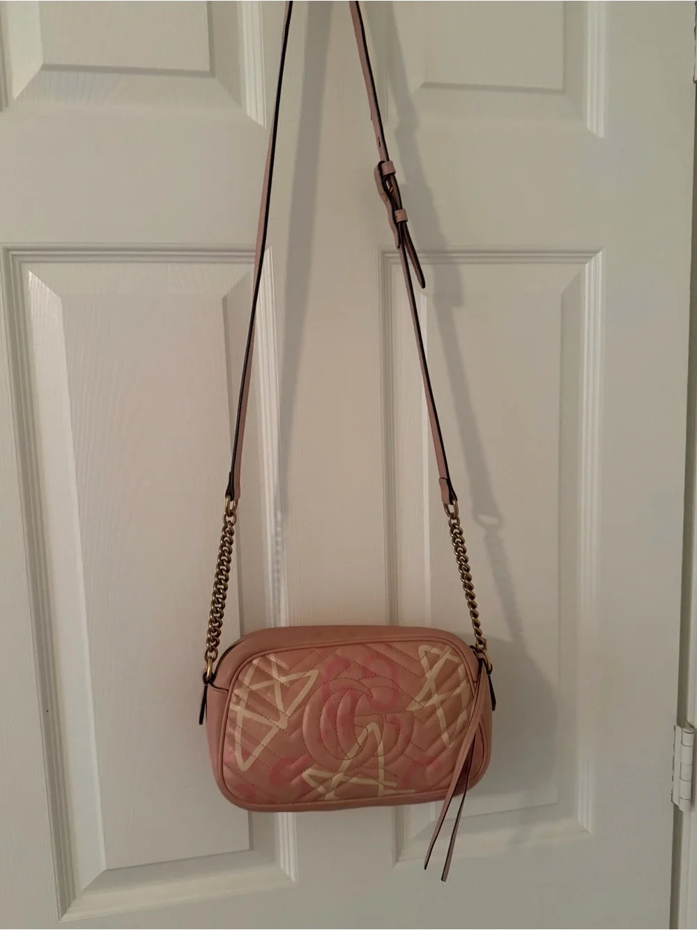 Gucci Pink Quilted GG Marmont Crossbody Bag with Cream Accents